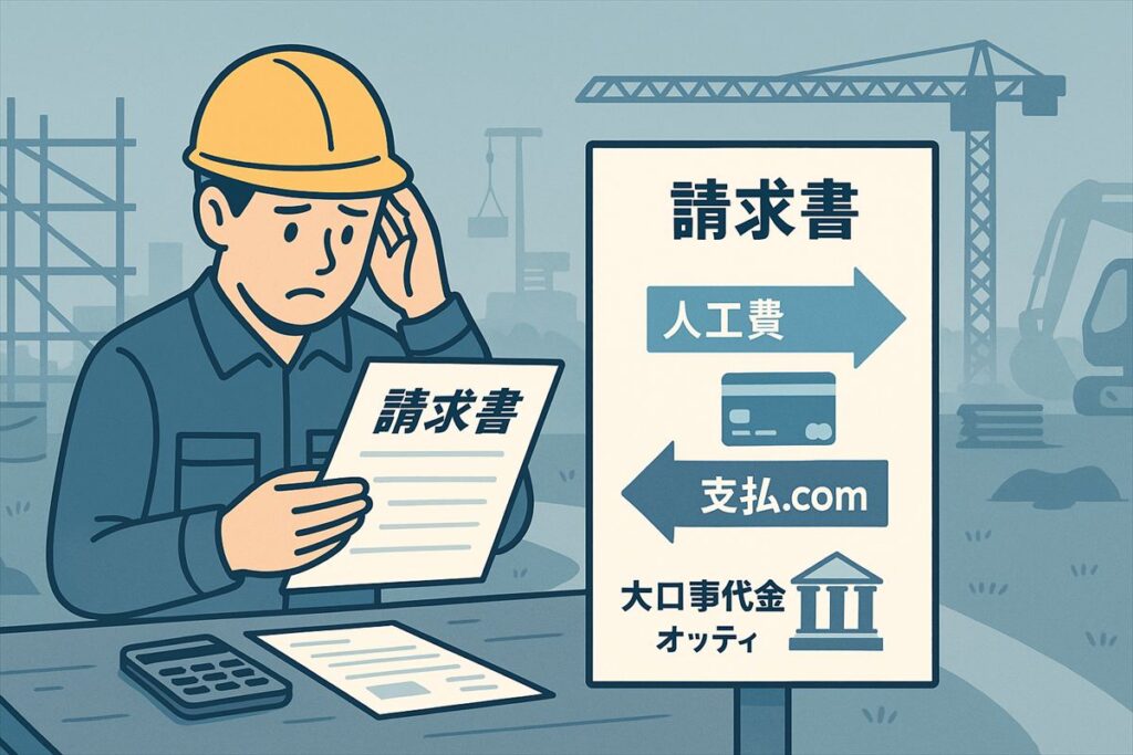 建設現場の作業員と請求書をイメージした資金繰りイラスト（人工費は支払い.com、大口工事代金はオッティ）