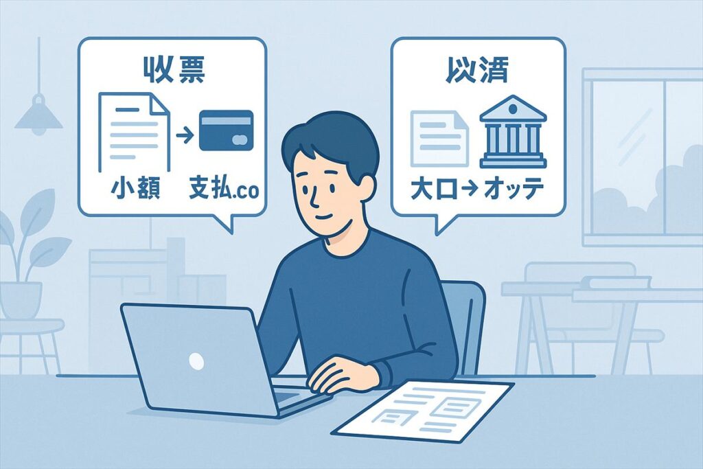 ノートPCで働くフリーランスと請求書アイコンを使った資金繰りイラスト（少額は支払い.com、大口はオッティ）