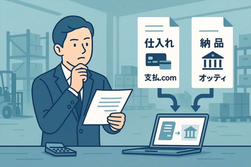 工場や倉庫の背景に仕入れと納品の請求書をイメージした資金繰りイラスト（仕入れは支払い.com、納品はオッティ）
