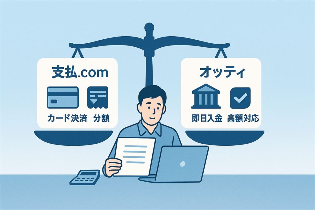 天秤の上で支払い.comとオッティを比較するイラスト（カード決済と即日入金の特徴アイコン付き）