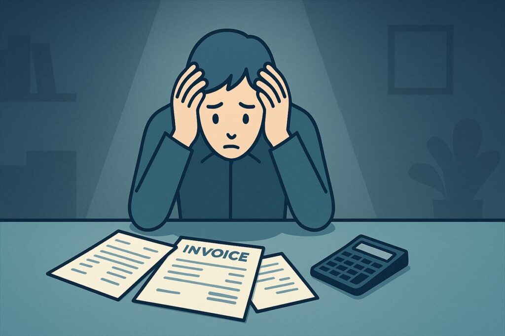 請求書と電卓を前に資金繰りに悩む中小企業経営者のイラスト