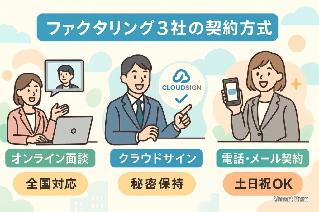 No.1ファクタリング・NEXT ONE・オッティの契約方式を比較するイメージイラスト（オンライン面談・クラウドサイン・電話メール契約）