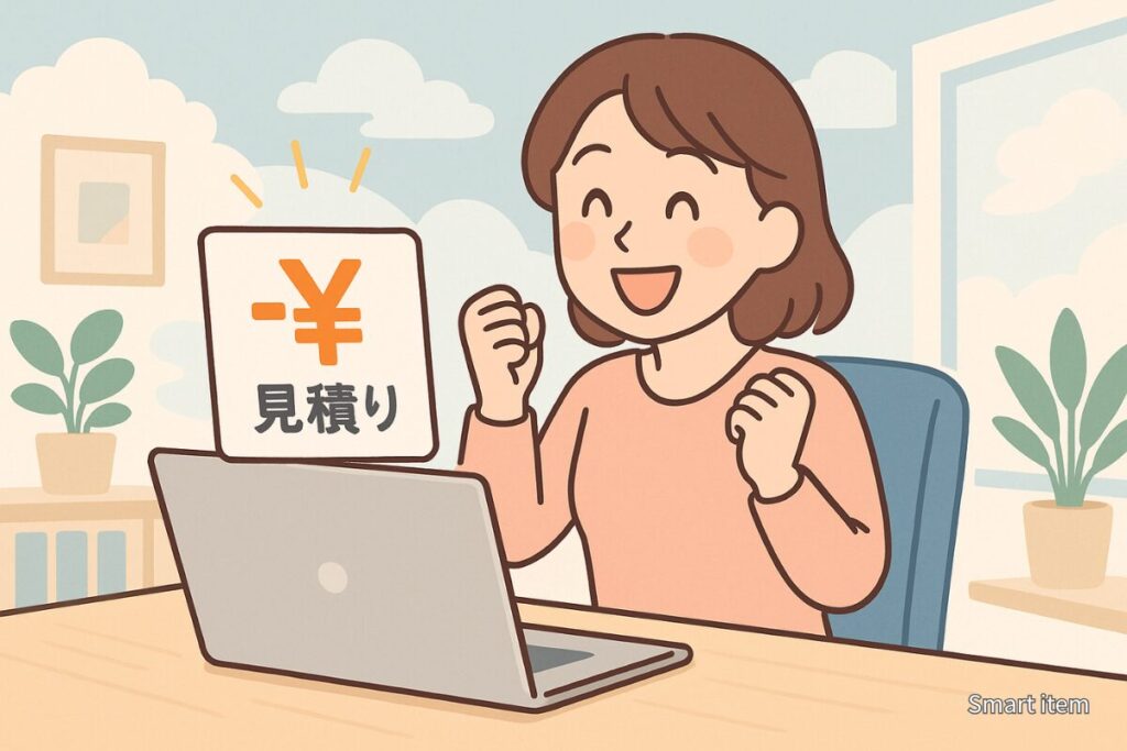 ファクタリングの手数料見積もりを確認して喜ぶ女性事業主のイメージイラスト