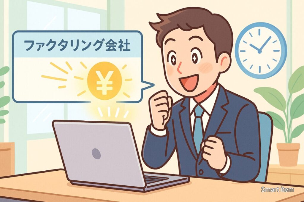 ファクタリング会社から即日入金を受けて喜ぶ事業主のイメージイラスト