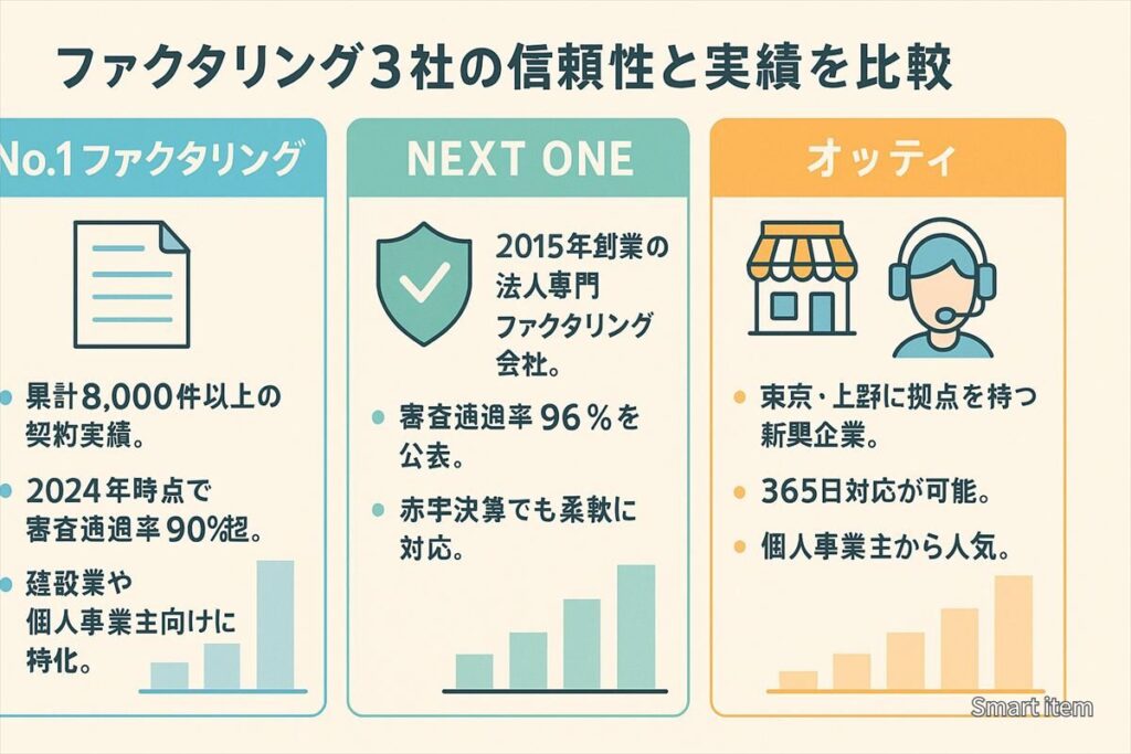 No.1ファクタリング・NEXT ONE・オッティの信頼性と実績を比較する図解イラスト（契約件数・審査通過率・365日対応など）