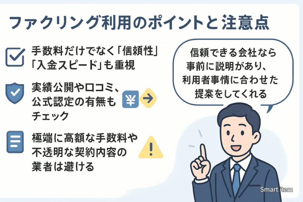 ファクタリング利用のポイントと注意点を解説するイラスト（信頼性・実績・透明性を重視し、不明瞭な業者は避けるべきと説明するビジネスマン）
