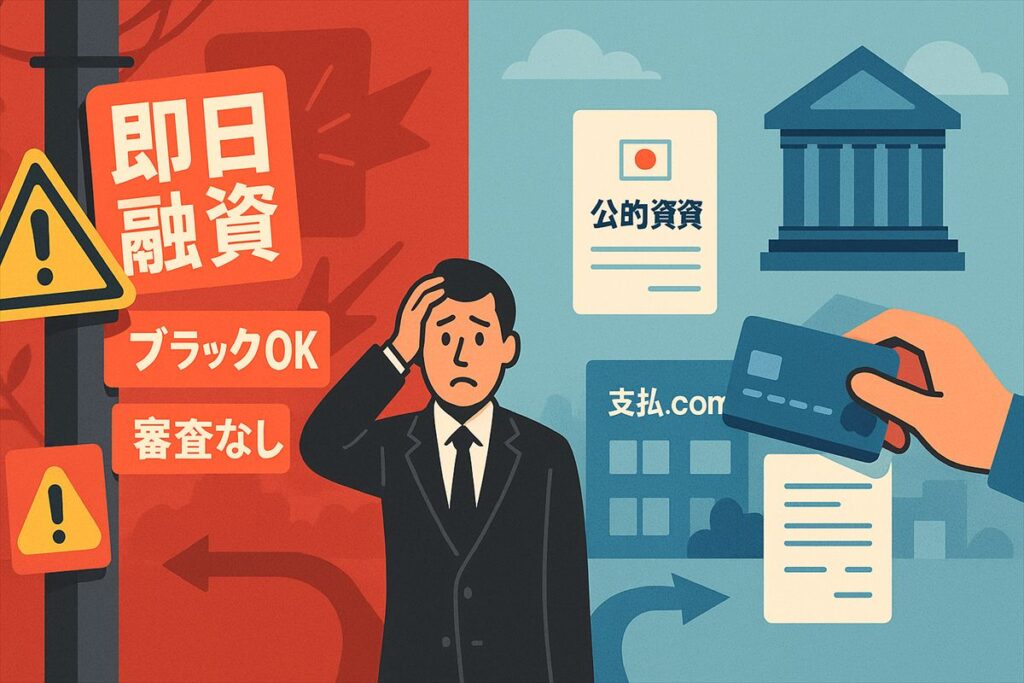 即日融資広告と安全な資金繰り方法の対比イメージ