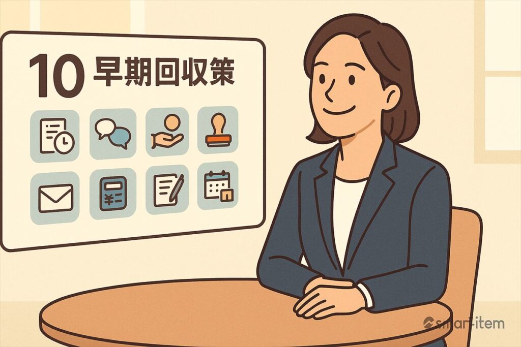 女性担当者が「10の早期回収策」を解説しているイメージ。売掛金や請求書の回収対策を図解したボードと人物、右下に smart-item ロゴ。
