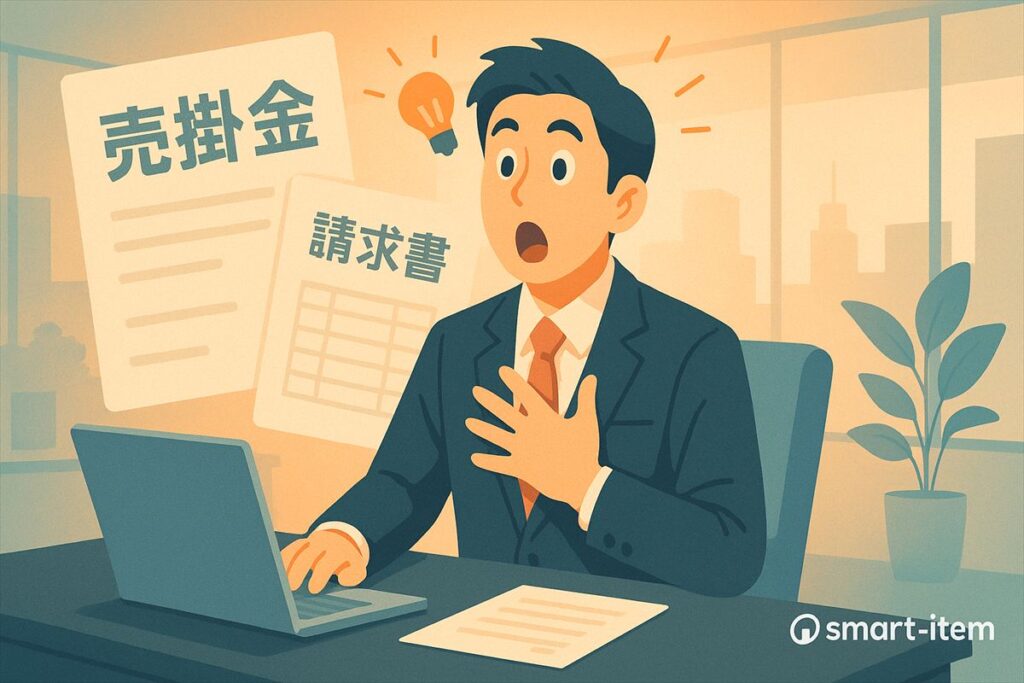 「売掛金」「請求書」を見て驚く経営者のイラスト。ファクタリングで資金化を思いついたイメージ。右下に smart-item ロゴ。